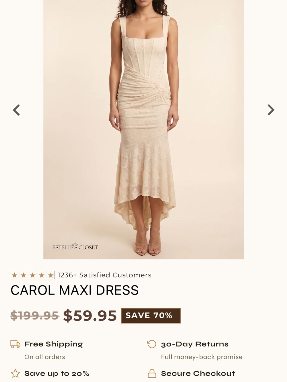 Estella's Closet Square-Neck Ruched Maxi Dress in Cream